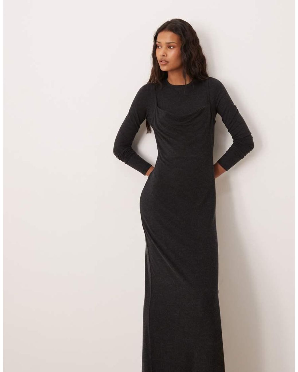 Mango Gray Long Sleeve Maxi Dress With Overlay