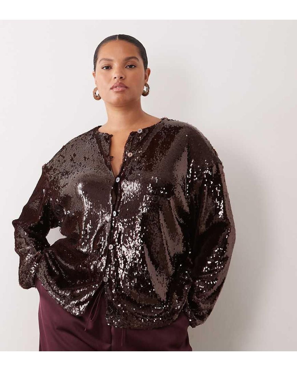 Pretty Lavish Curve Brown Sequin Shoulder Pad Detail Button Down Top