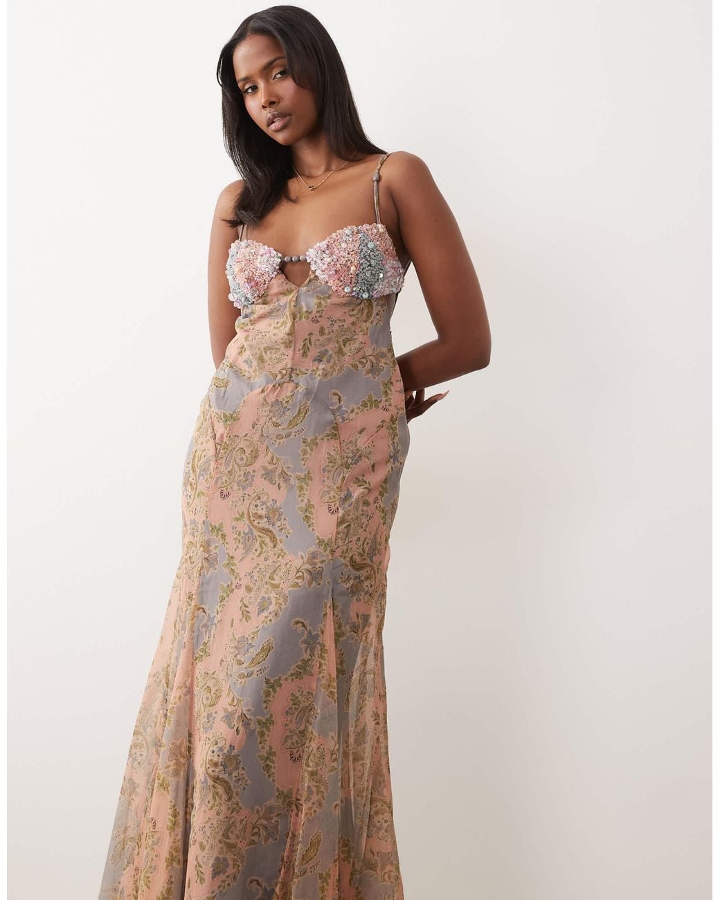 ASOS Embellished Bust Cami Cut Out Maxi Dress in Brown
