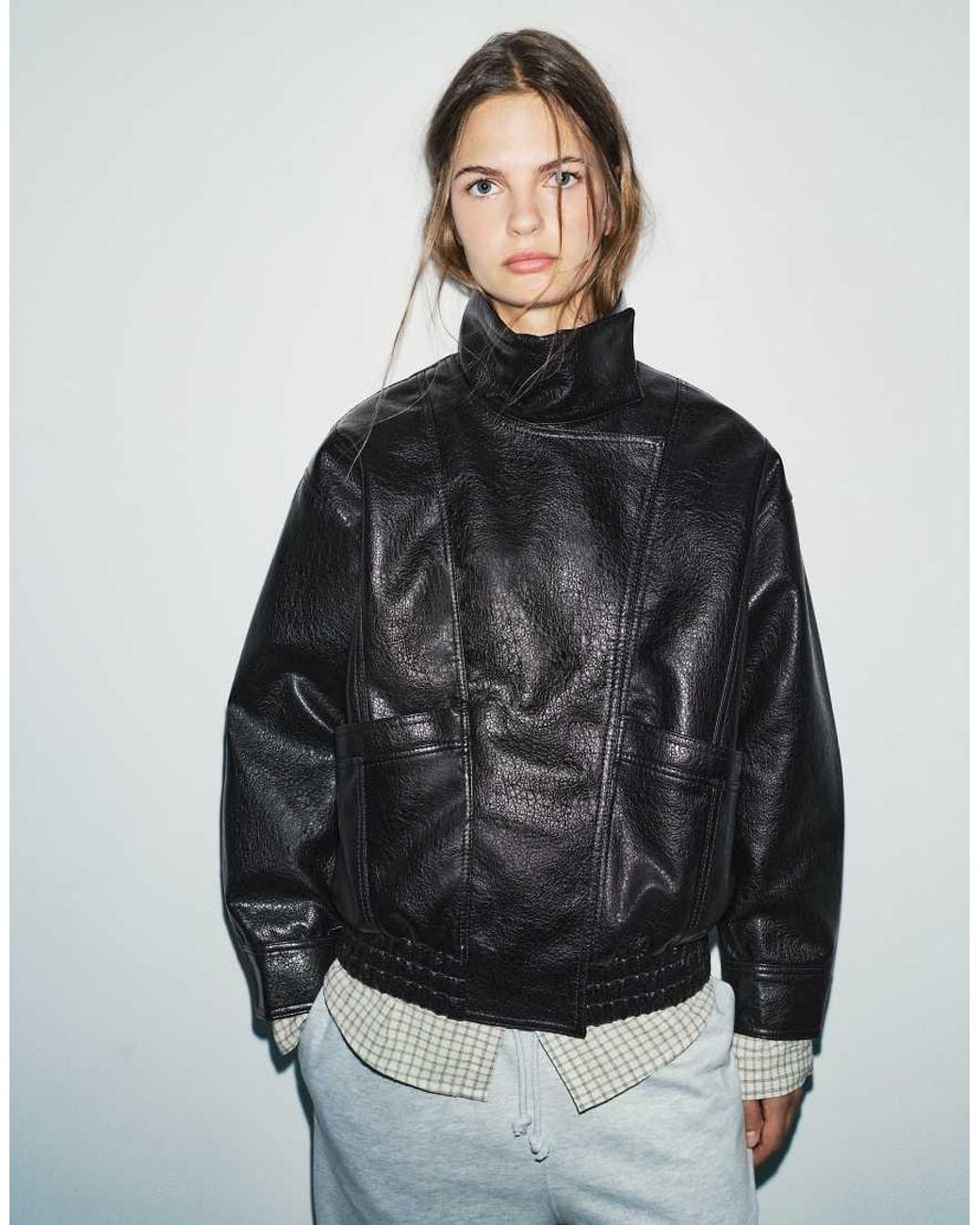 Pull&Bear Black Leather Effect Boxy Jacket