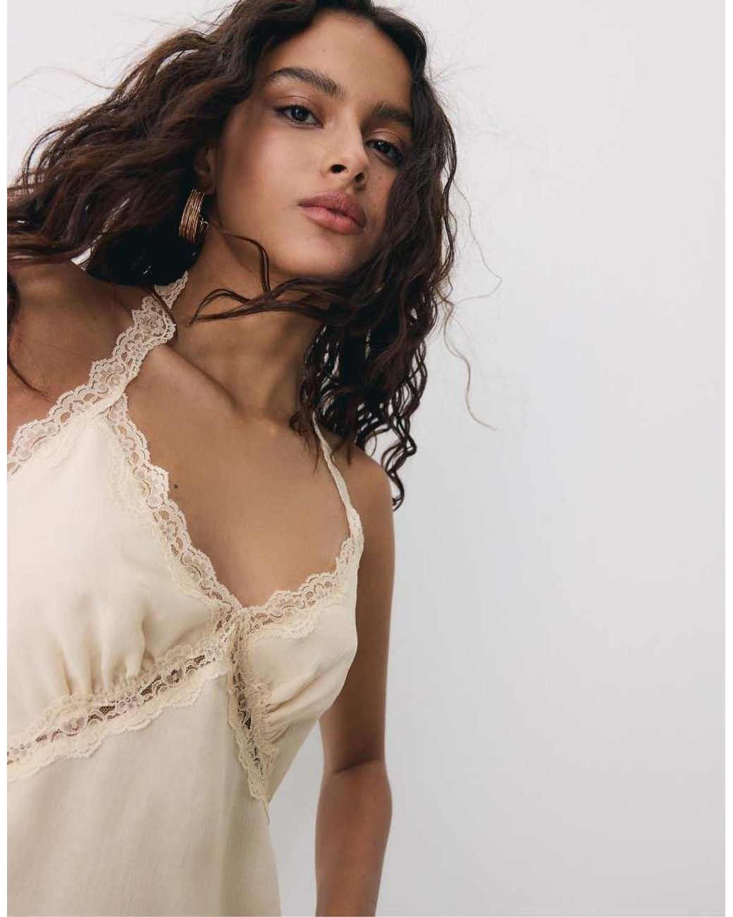 Stradivarius Natural Halter Neck Top With Lace Trim