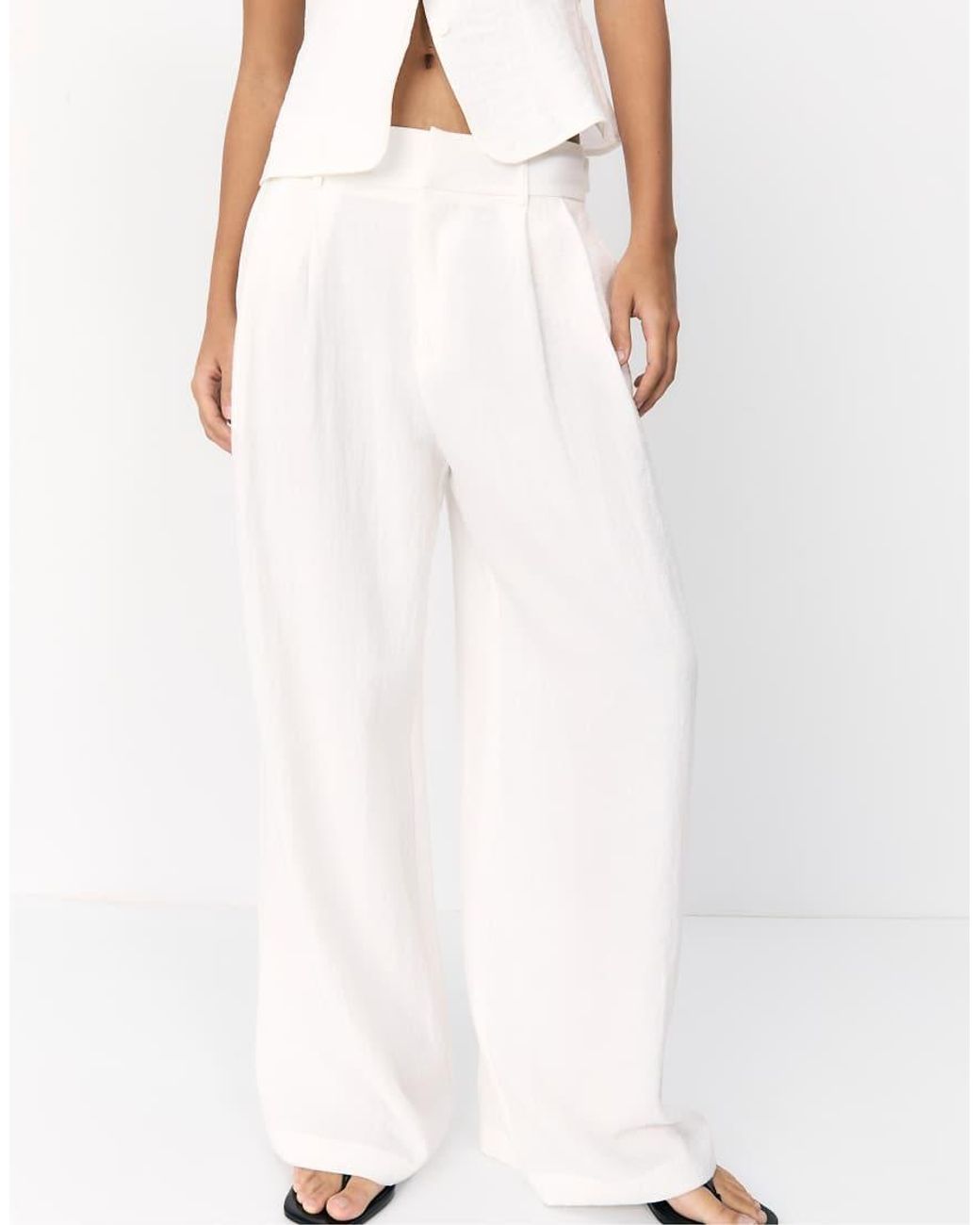 Stradivarius Blue Rustic Wide-Leg Trousers With Adjustable Buttons