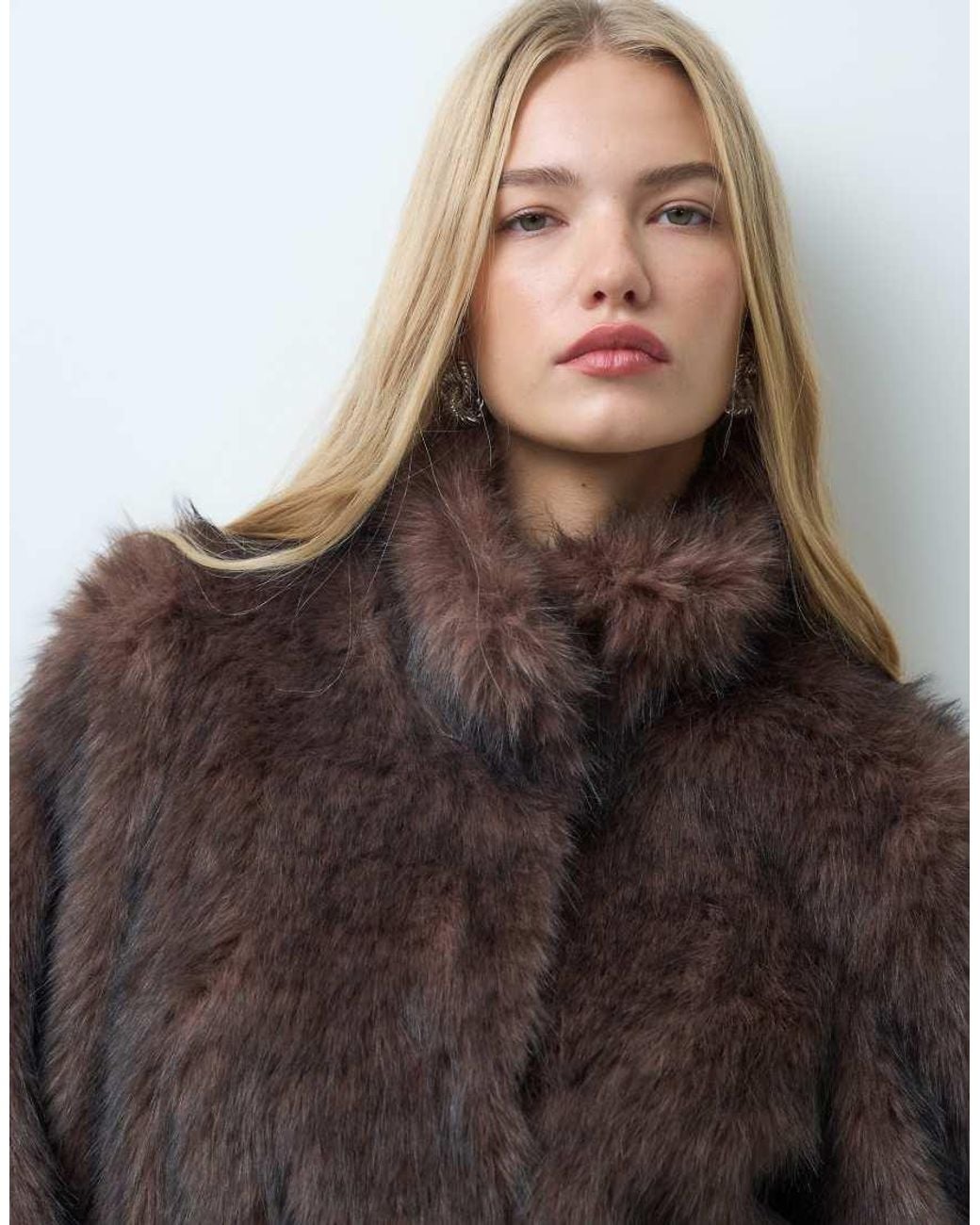 Vero Moda Brown Funnel Neck Faux Fur Long Coat With Tie Belt