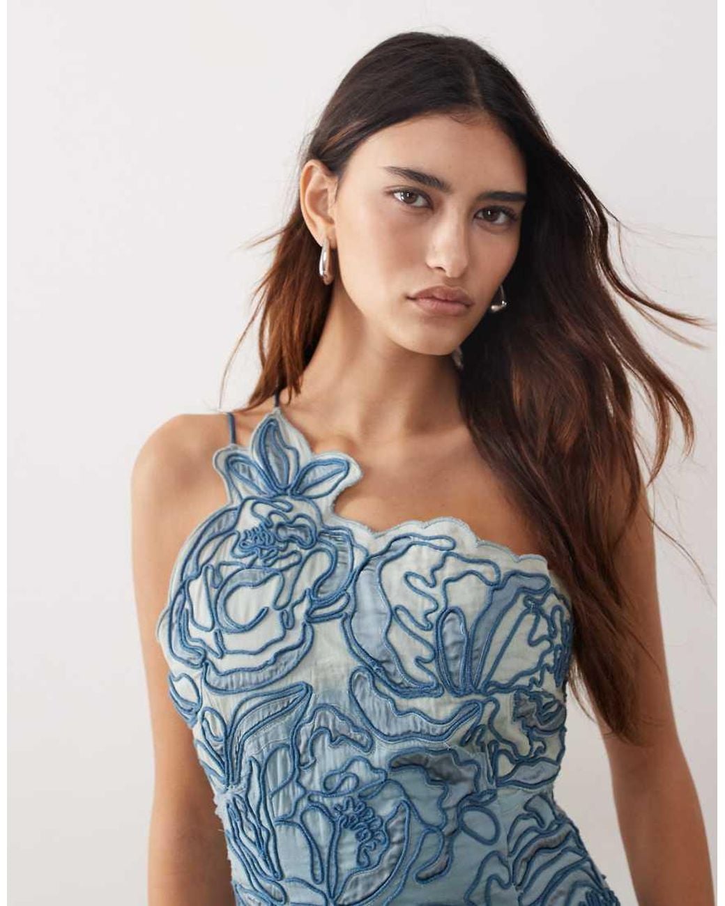 ARRANGE Blue Linear Floral Embroidered One-shoulder Column Maxi Dress