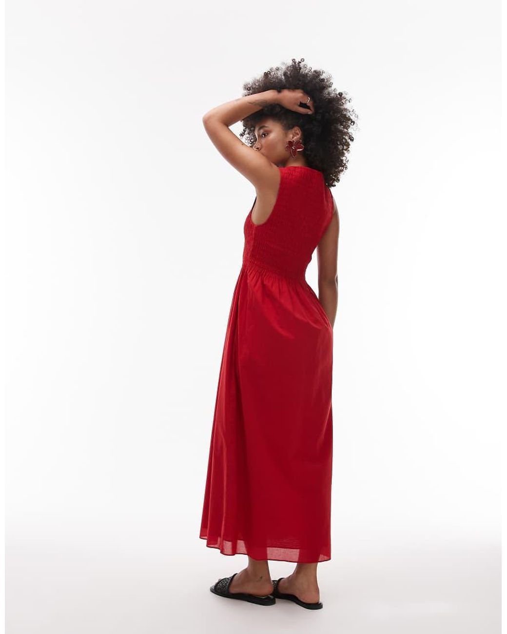 & Other Stories Red Boat Neck Maxi Dress With Smocked Bodice