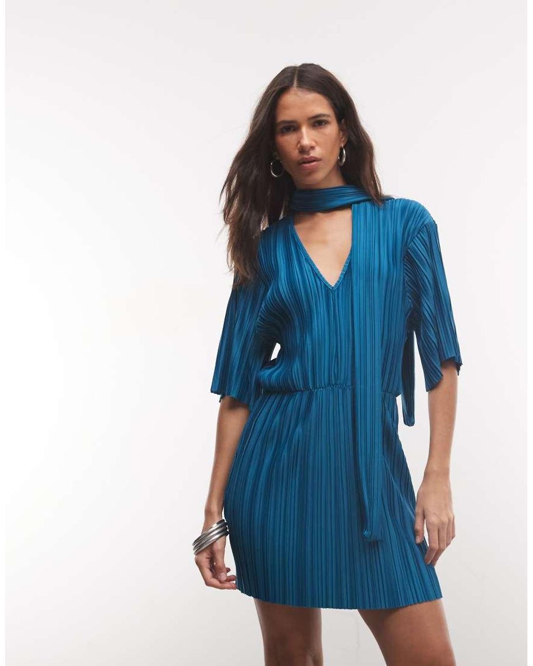 ASOS Blue Plisse Mini Dress With Scarf Detail