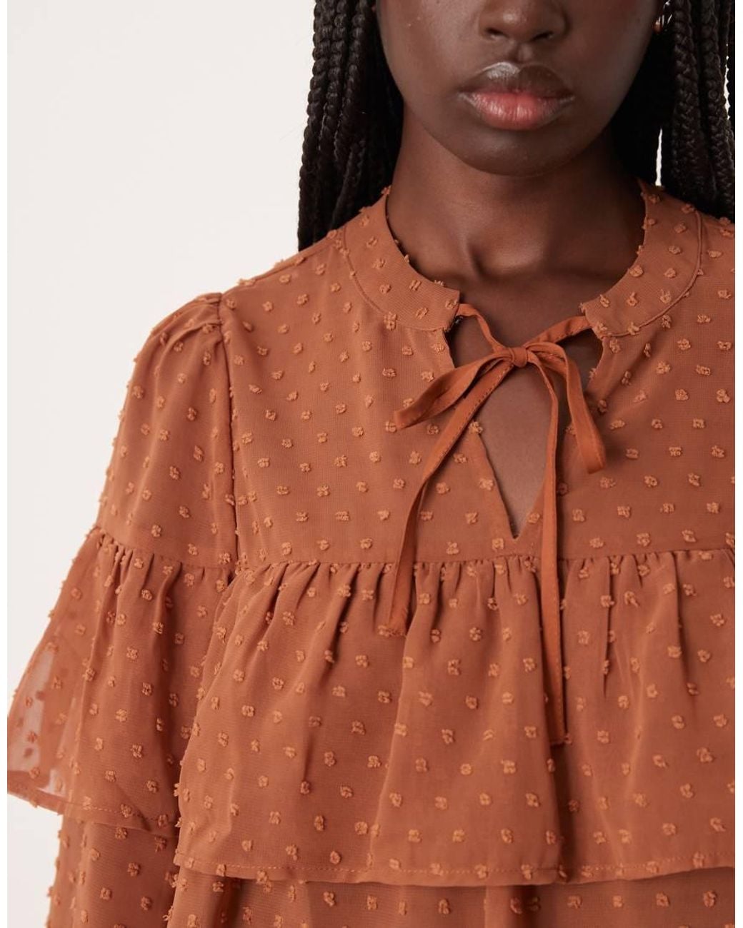 Vila Brown Boho Sheer Dobby Blouse With Ruffles