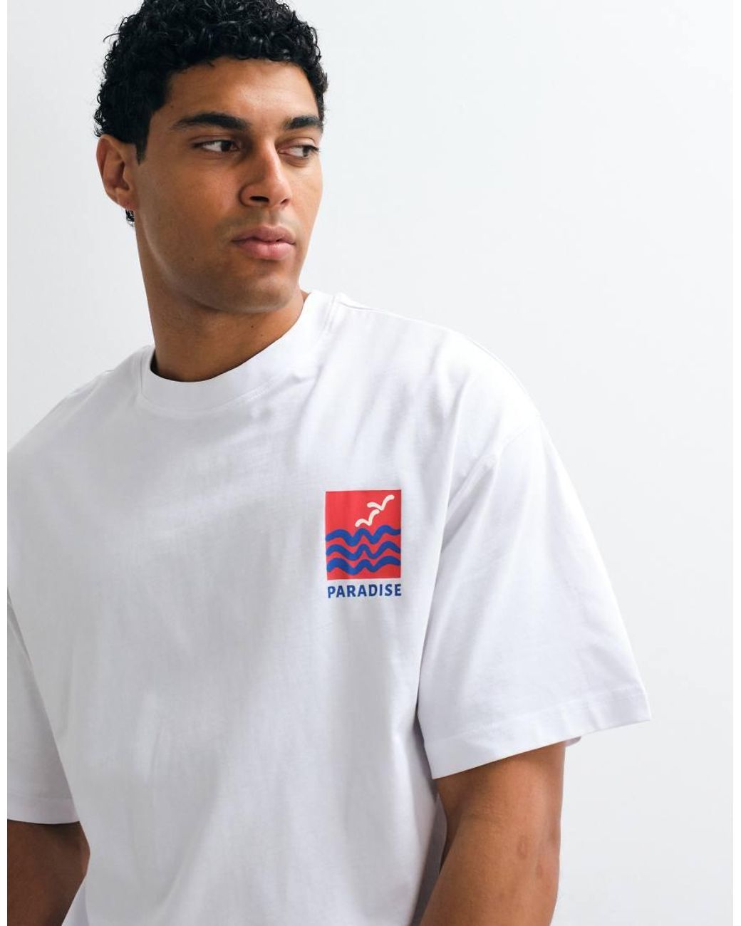 SELECTED White Oversized T-shirt With Paradise Backprint for men