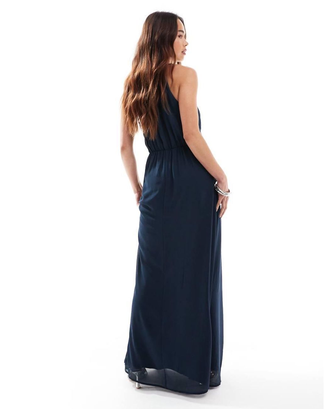 Vestido De Dama De Honor Largo Con Cuello Halter De Vila de color Blue