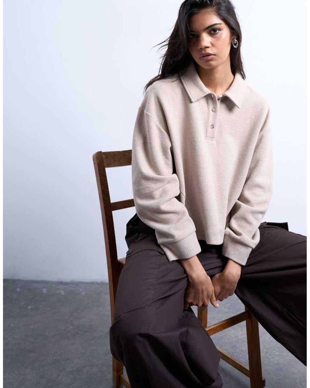 TOPSHOP Gray Boxy Long Sleeve Polo