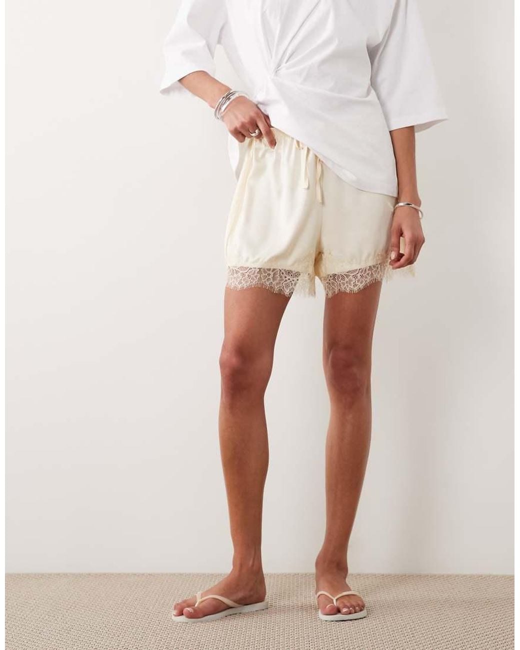 New Look White Lace Trim Satin Shorts