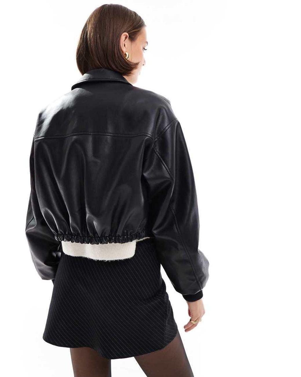 JJXX Black Faux Leather Cropped Bomber With Pockets