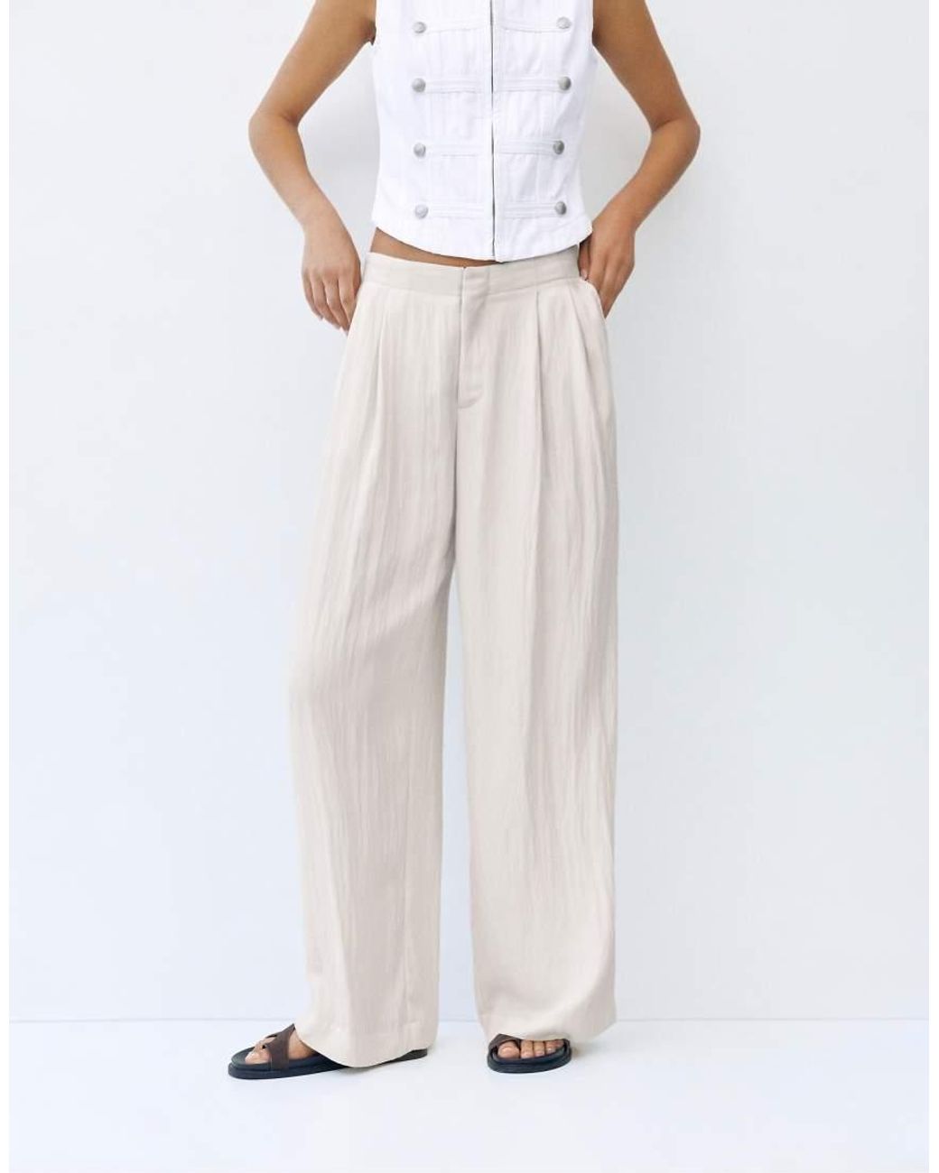 Pull&Bear Natural Elasticated Waist Wide Leg Tailored Trousers