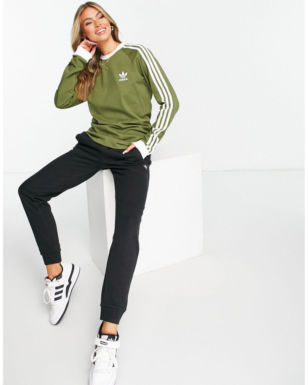 adidas Originals Adicolor Three Stripe Boyfriend Fit Long- Sleeved T-shirt in Green Lyst Australia