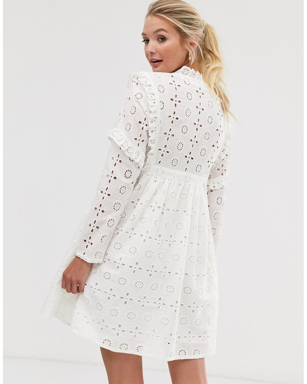 asos design button through tiered midi broderie dress
