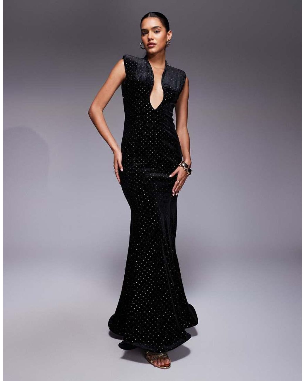 ASOS Black Premium Velvet Molded Plunge Fishtail Maxi Dress