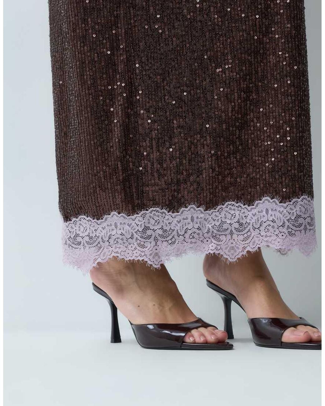 ASOS Brown Sequin Pencil Skirt With Lace Trim