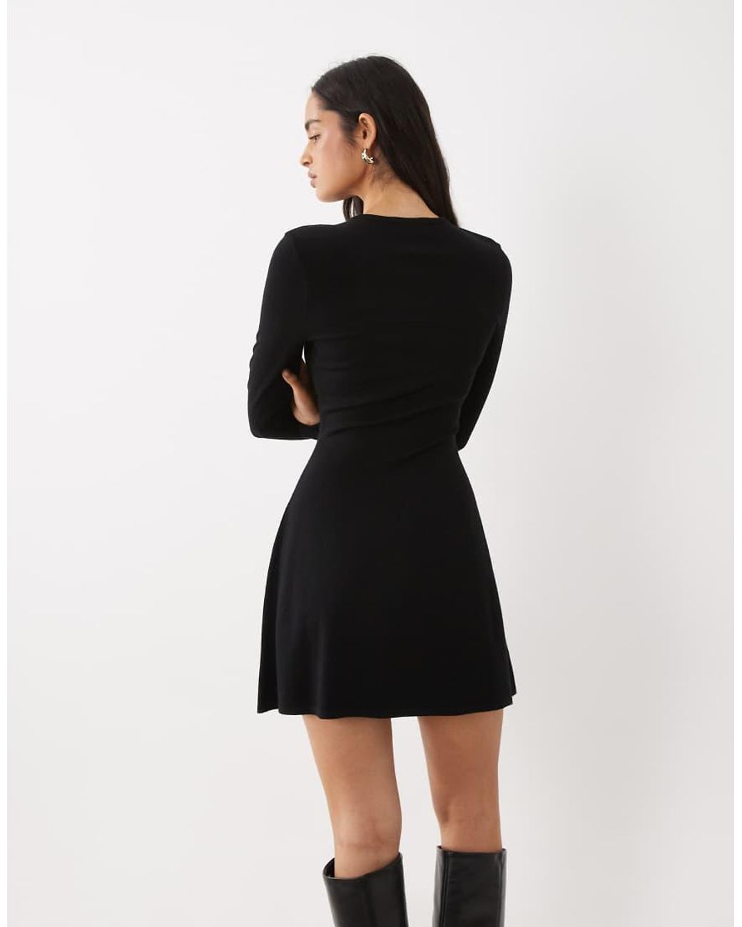 Kaiia Black Exclusive Compact Knit Flared Sleeve Mini Skater Dress