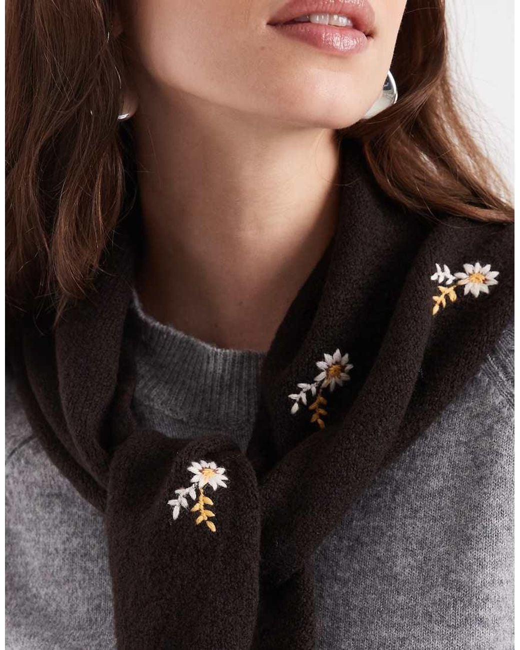 ONLY Black Floral Embroidery Knitted Triangle Scarf