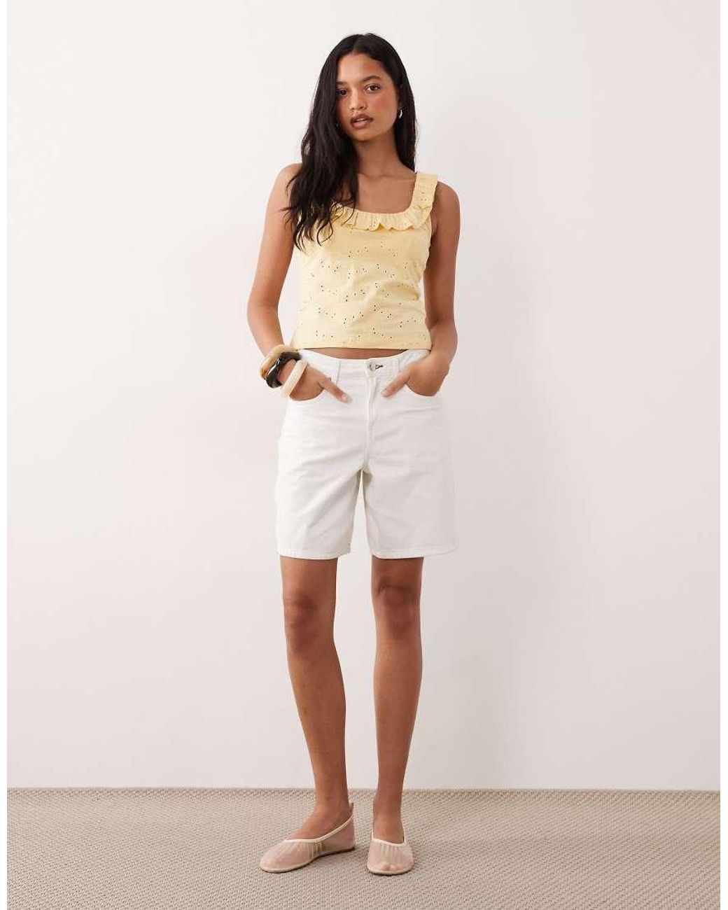 ASOS Brown Frill Detail Scoop Neck Broderie Vest Buttermilk