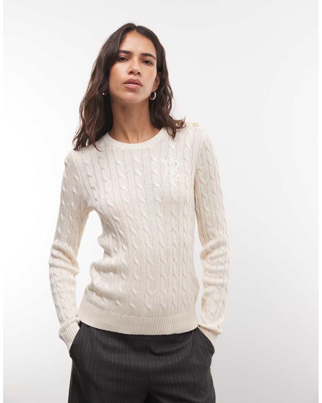 Ralph Lauren White Button Detail Cable Knit Jumper