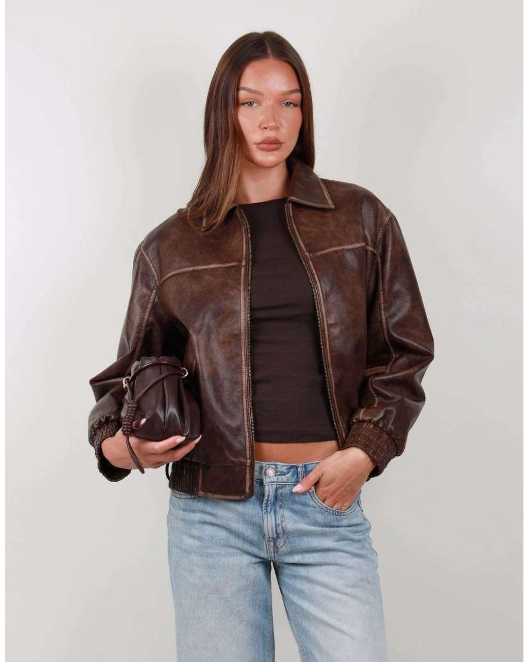 SIMMI Blue Faux Leather Collar Jacket