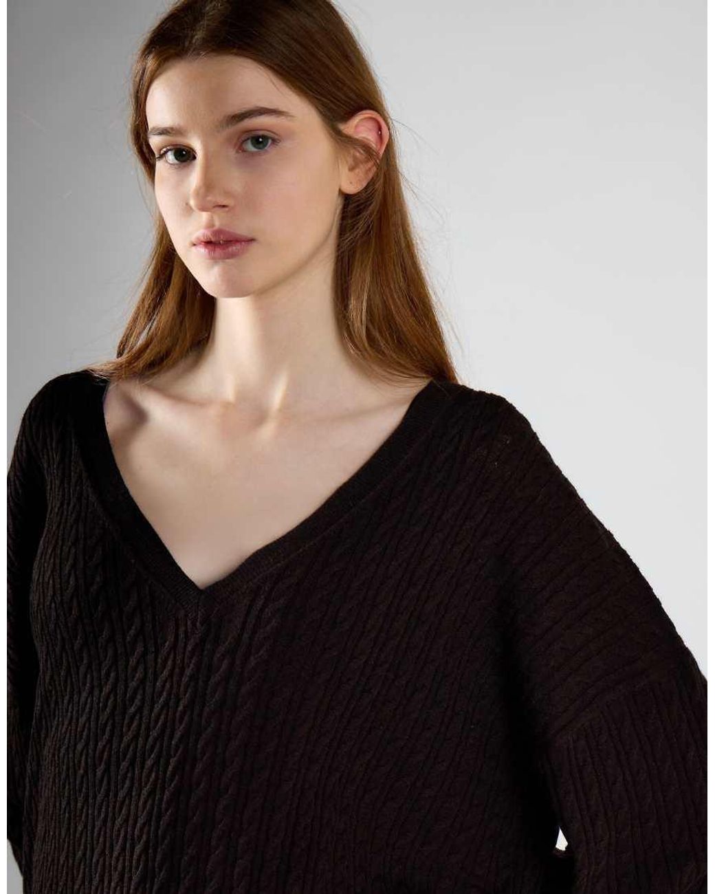 Glamorous Black Cable-Knit V-Neck Sweater