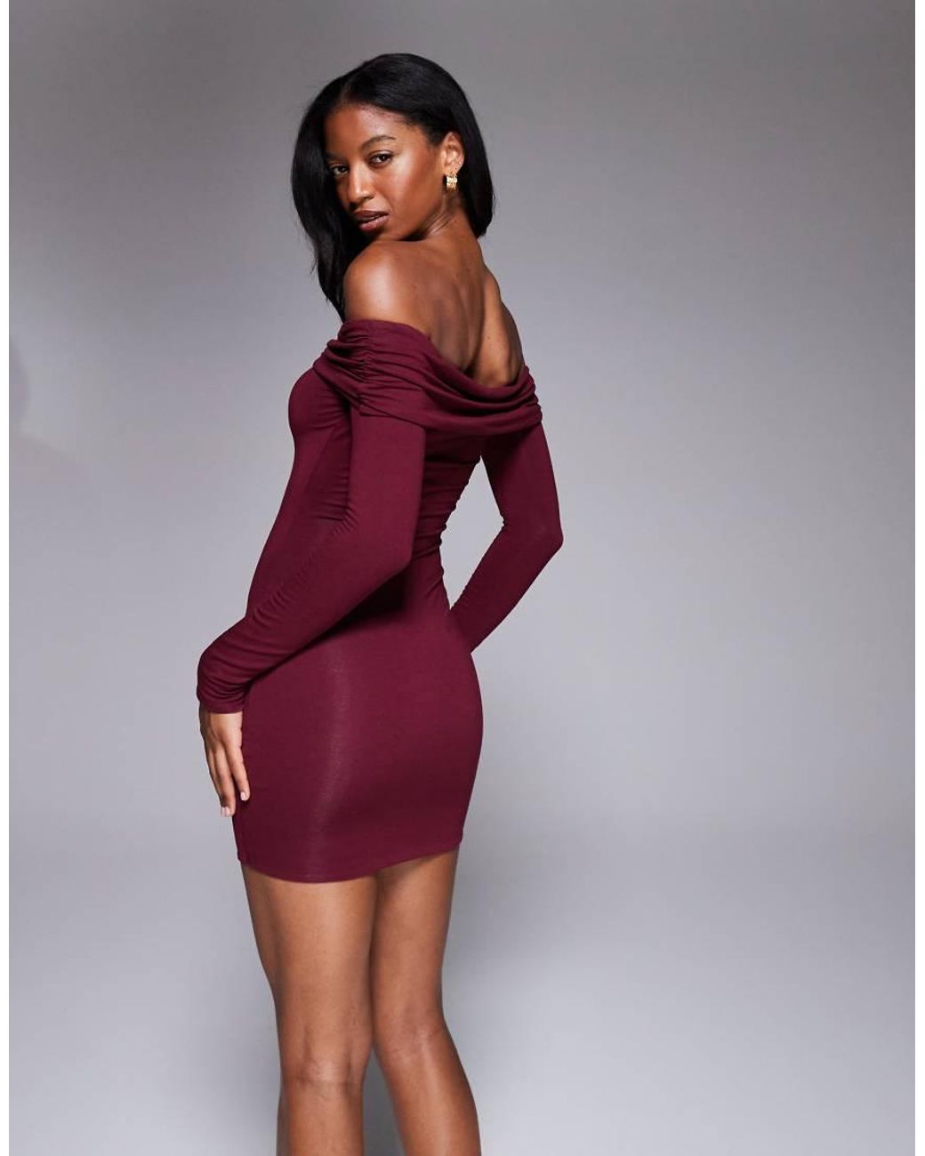 Oh Polly Red Oriana Ruched Foldover Bardot Mini Dress