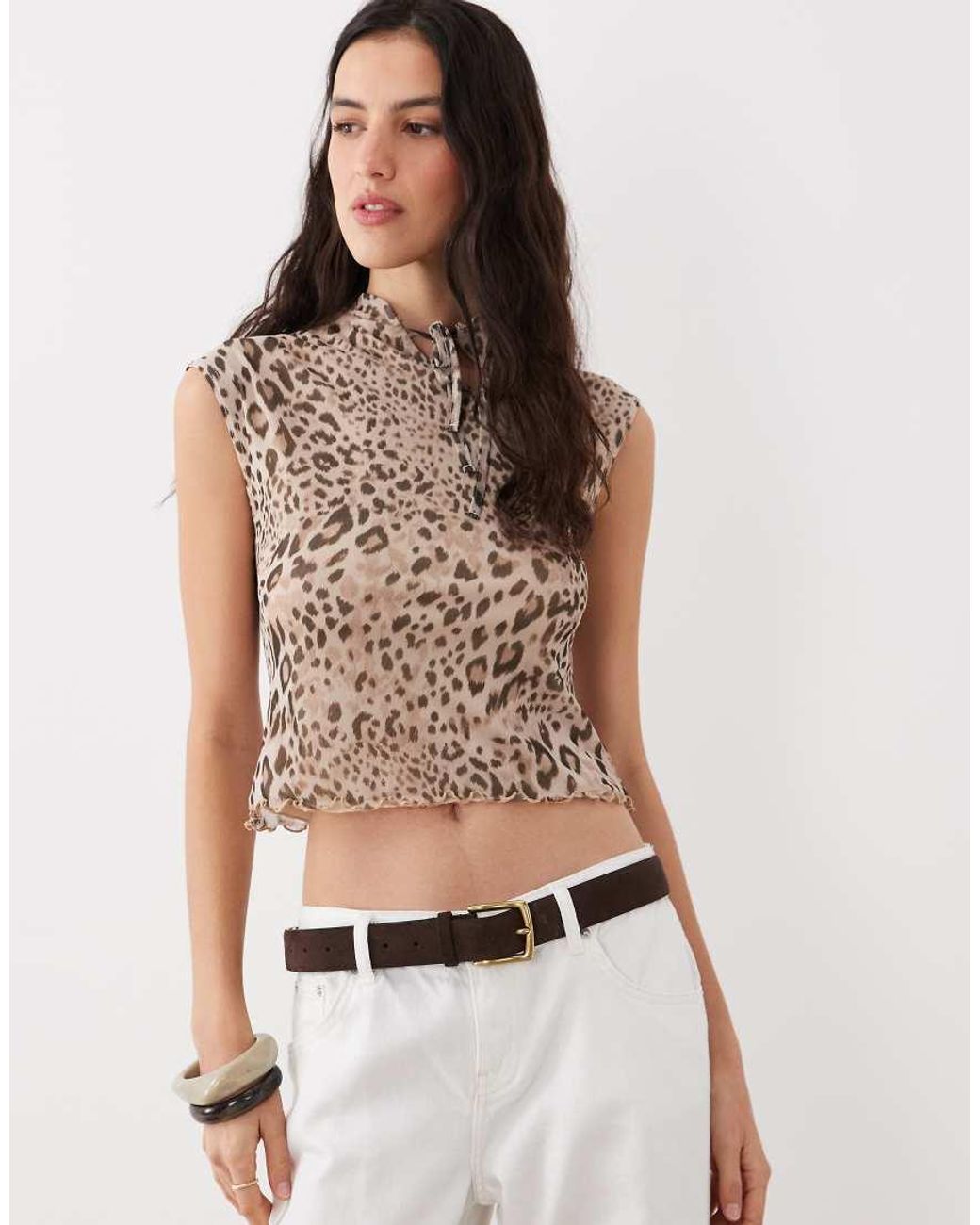 Miss Selfridge Brown Short Sleeve Top With Tie Up Mandarin Collar