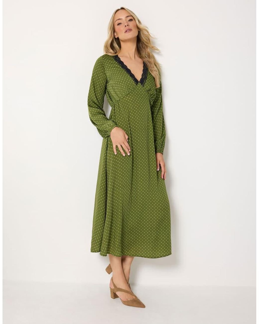 Long Tall Sally Green Polka Dot Lace Detail Satin Midi Dress