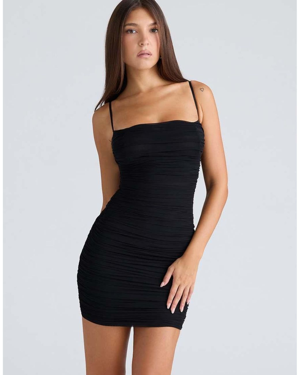 House Of Cb Black Ella Gathered Stretch Mesh Mini Dress