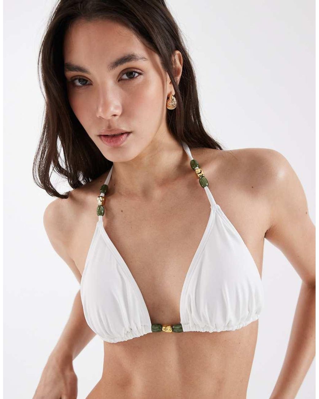4th & Reckless Natural Bead Detail Halterneck Triangle Bikini Top Co-ord