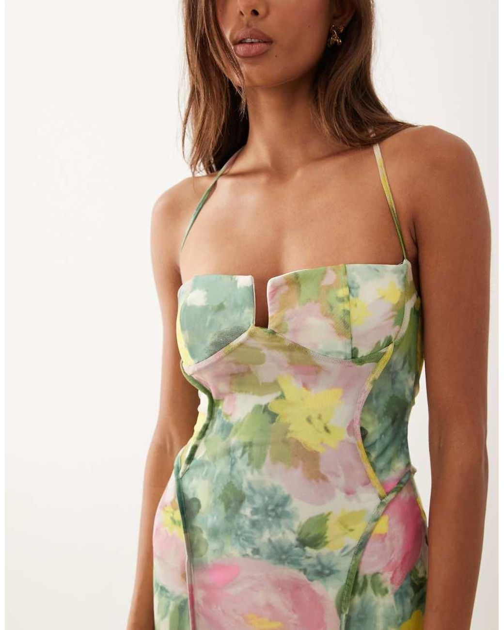 ASOS Green Mesh Exposed Seam Sculpted Cupped Maxi Dress