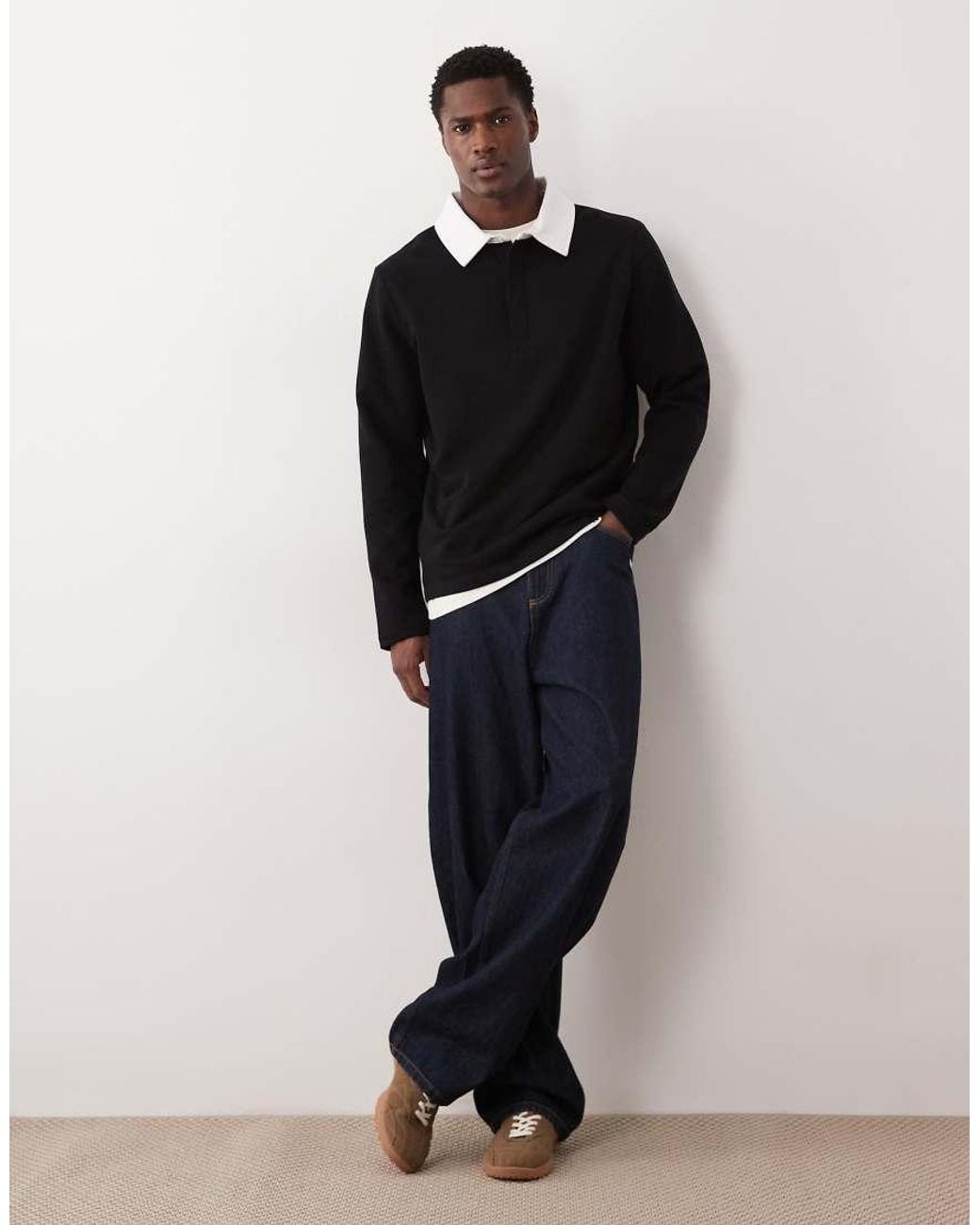 ASOS Black Polo Sweatshirt With Contrast Collar for men