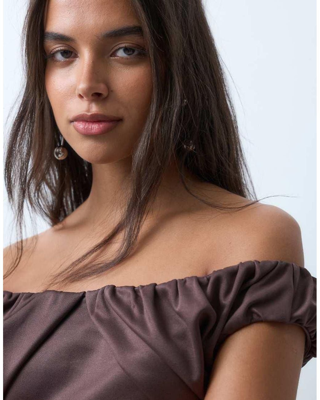 ASOS Purple Structured Midi Dress With Ruched Off Shoulder Detail