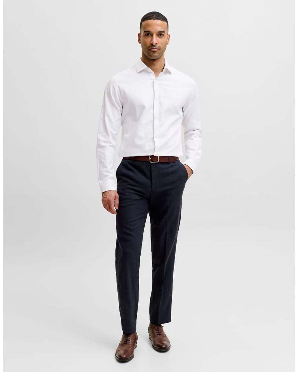 Jack & Jones White Blaparker Slim Fit Spread Collar Long Sleeve Shirt for men