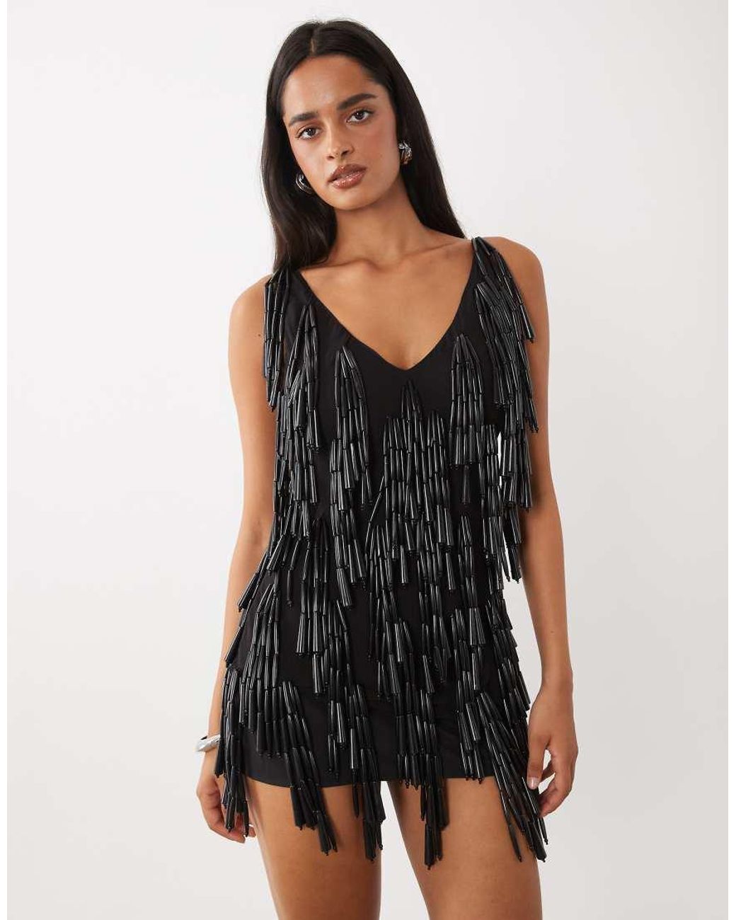 ASOS Black Plunge Cami Mini Dress With Chunky Beads