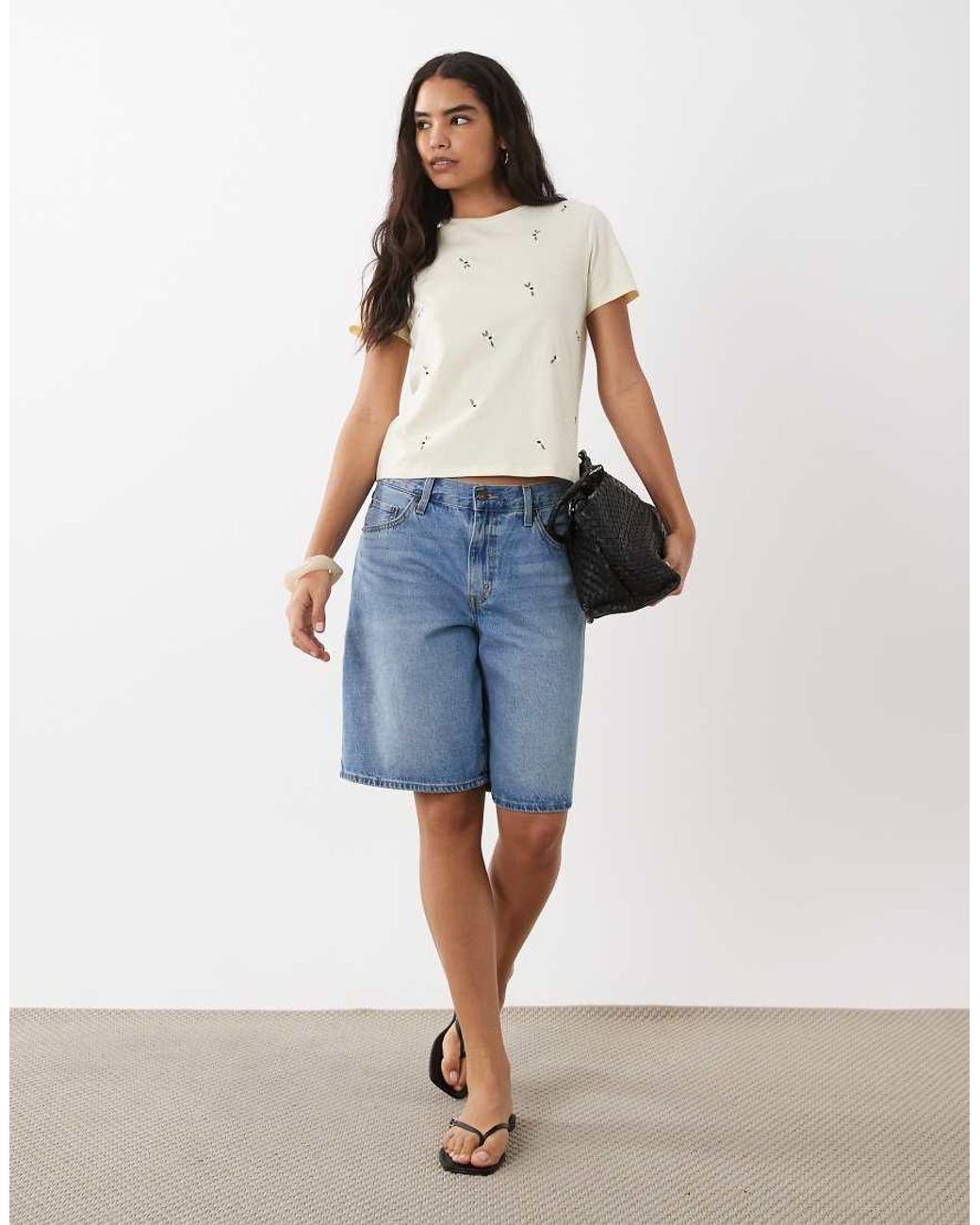 Mango Blue 100% Cotton Round Neck T-Shirt With Flower Detail
