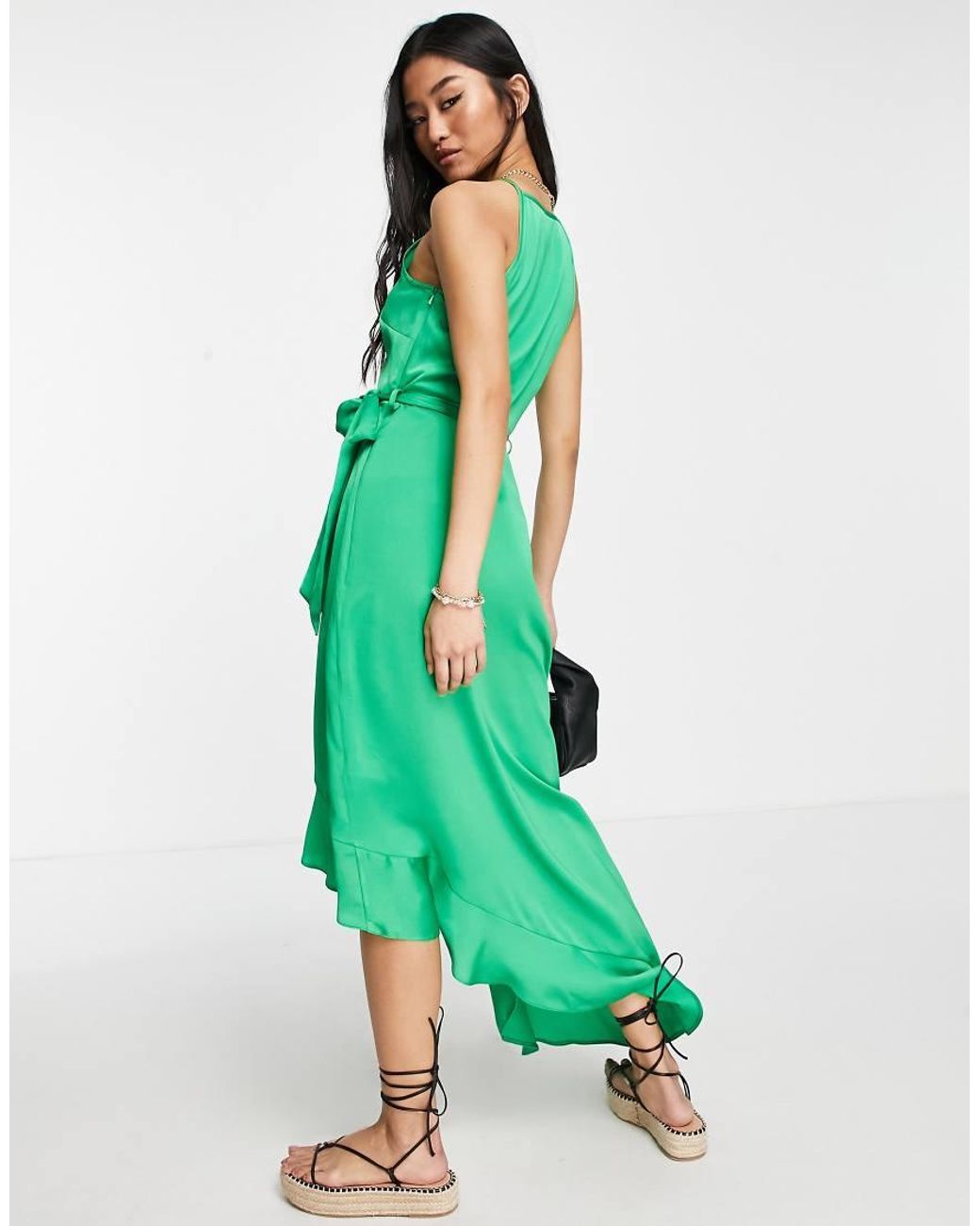 New Look Green Square Neck Belted Satin Midi Dress