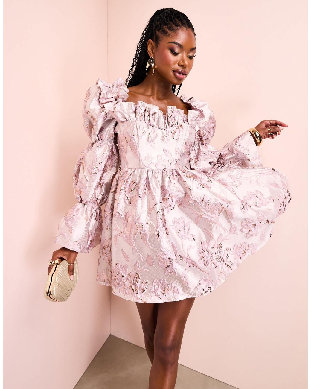 ASOS Jacquard Ruffle Sleeve Mini Skater Dress in Pink | Lyst