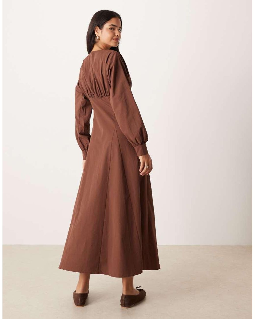 ASOS Brown Long Sleeve V Neck Poplin Maxi Dress