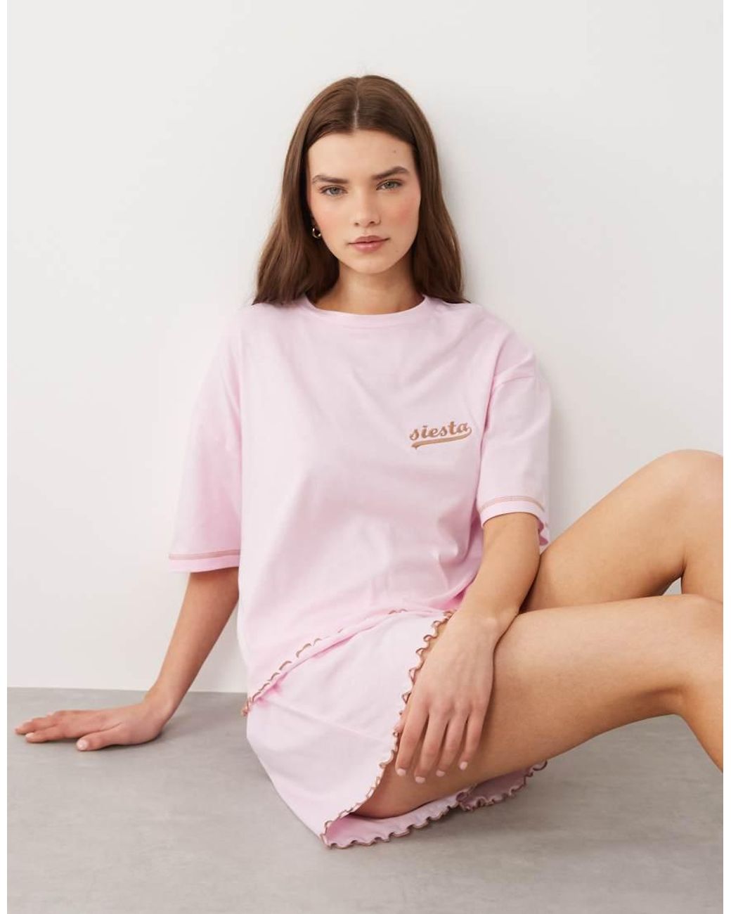 ASOS Pink Embroidered Siesta Slogan Short Sleeve Tee And Shorts Pyjama Set With Lettuce Edge