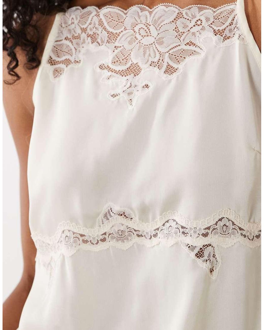 ASOS Natural Asymmetric High Neck Lace Trim Cami With Side Slits