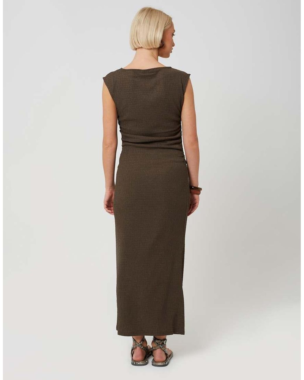 Brave Soul Brown Textured Jersey Midi Dress With Gathered Detail