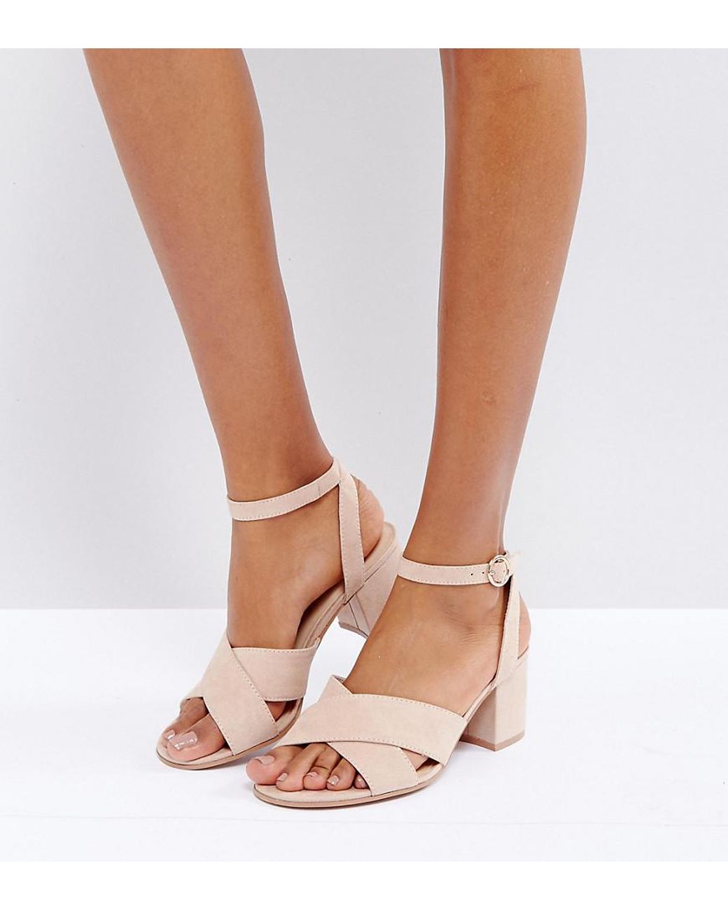 London Rebel Wide Fit Mid Block Heel Sandal in Natural | Lyst UK
