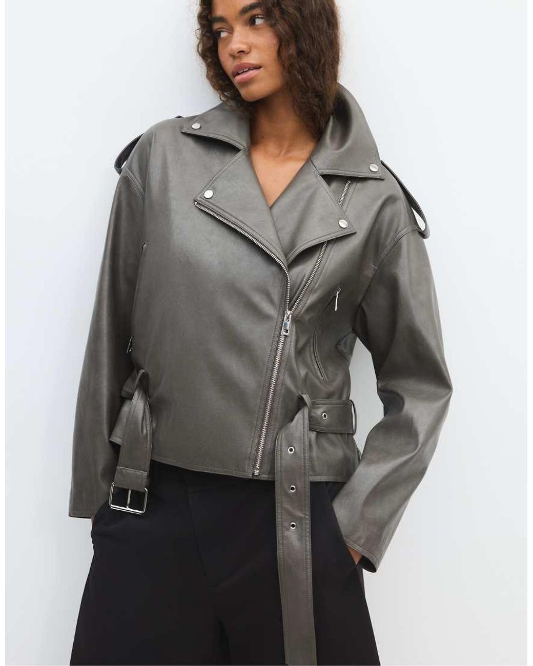 Stradivarius Black Leather Effect Biker Jacket With Belt