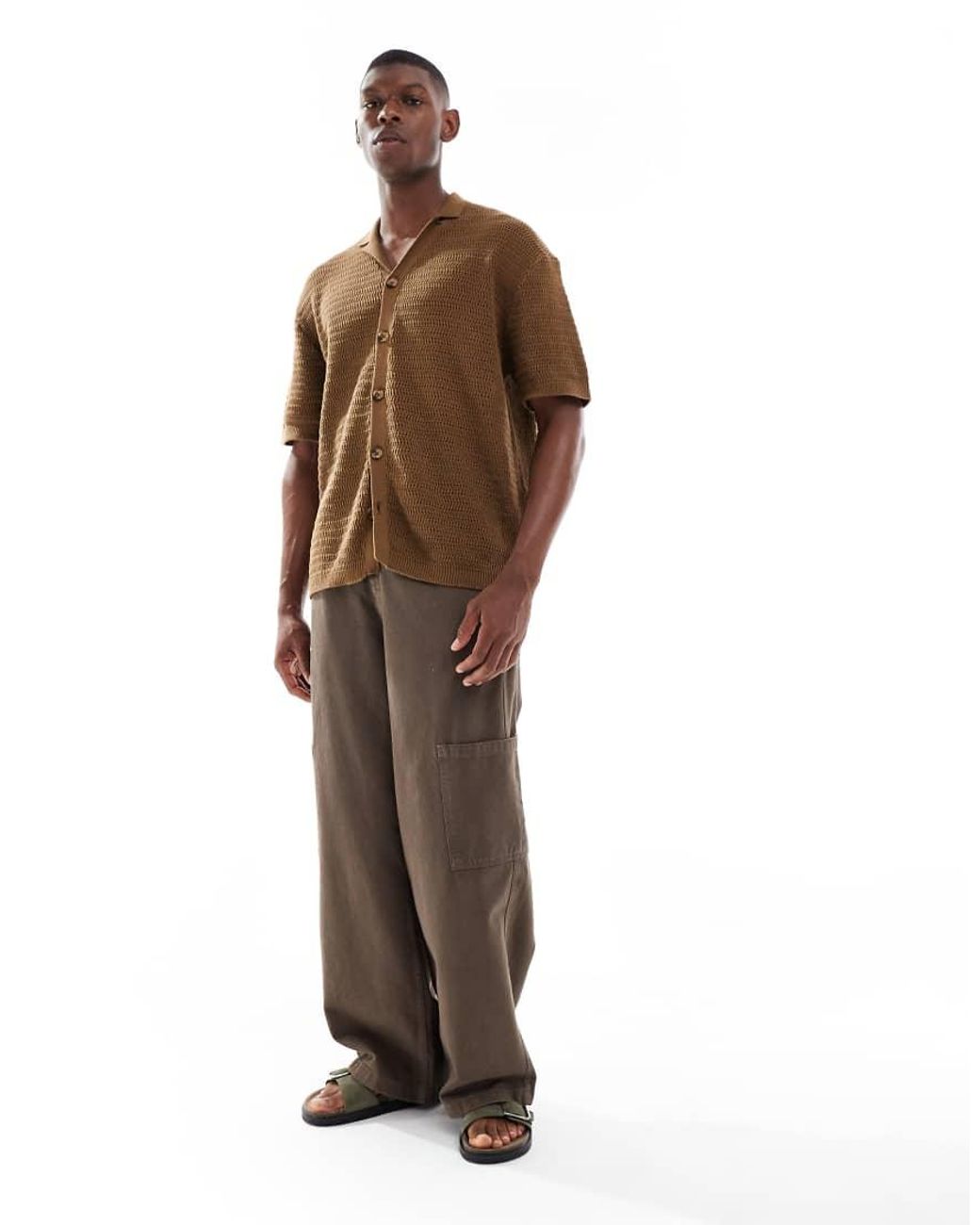Only & Sons Brown Relaxed Fit Crochet Shirt With Revere Collar for men