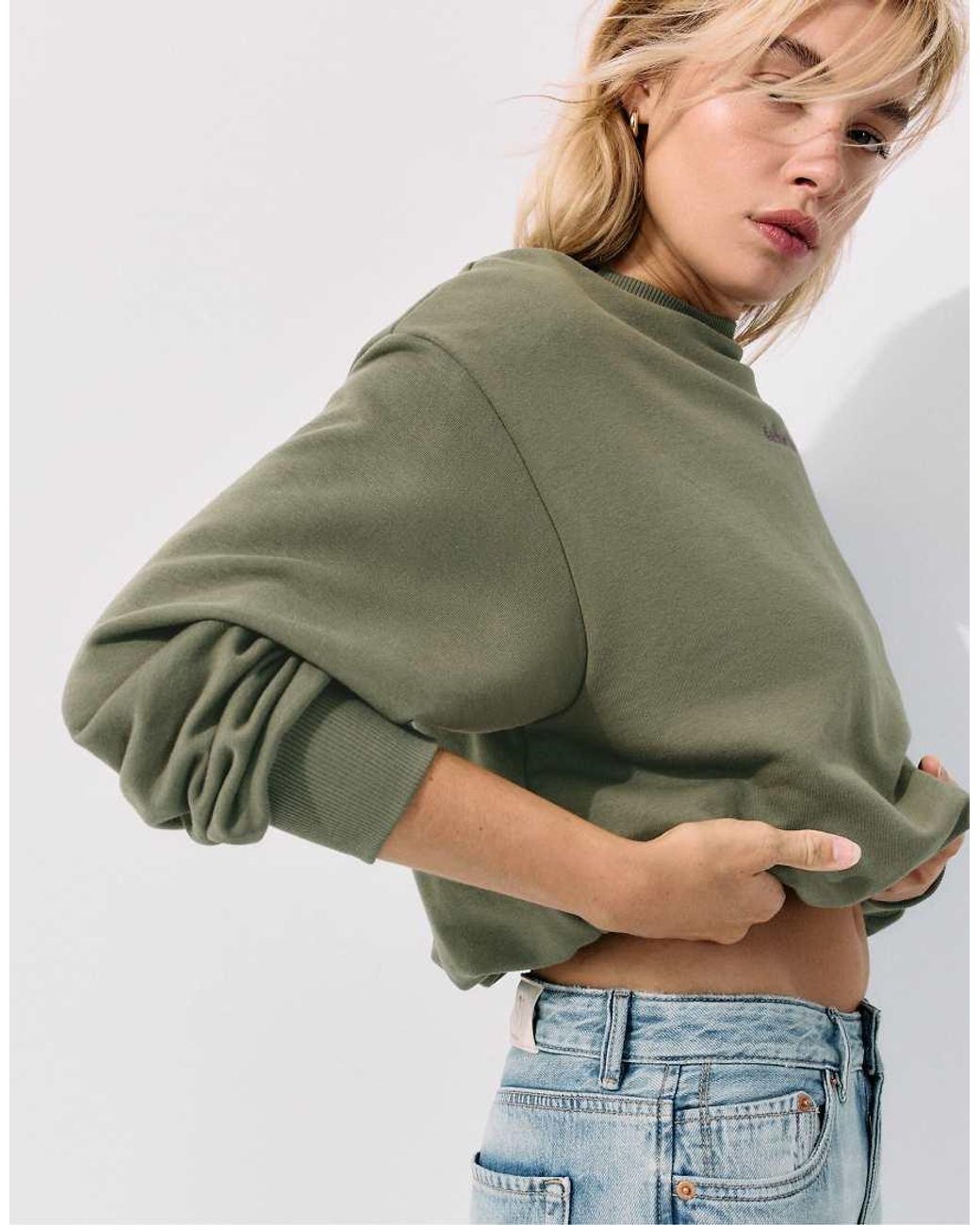 Stradivarius Green Balloon-Hem Cropped Sweatshirt