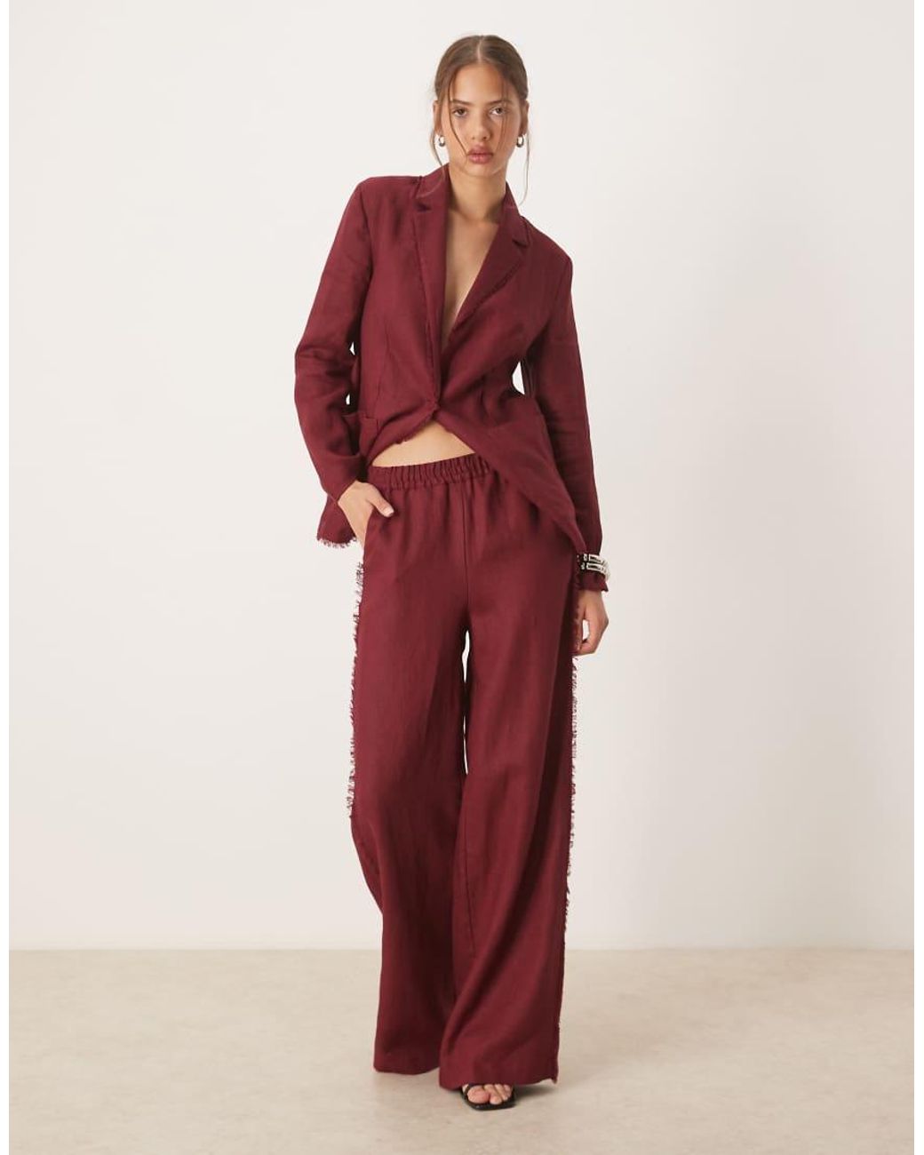 Mango Red Co-ord 100% Linen Frayed Edge Pull On Trouser