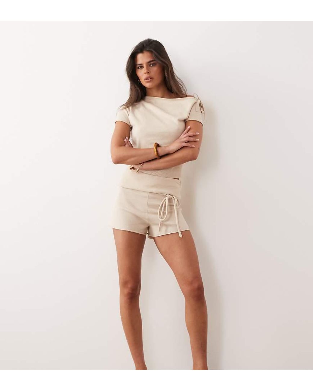 The Frolic Natural Exclusive Compact Knit Fold Over Tie Detail Shorts Co-ord